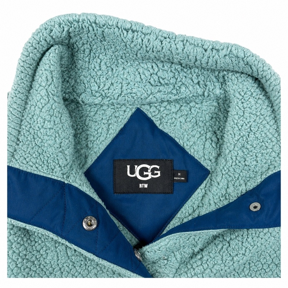 UGG Sherpa Fleece Pullover Women's M Teal Blue Logo Quarter Snap Cozy Sweater - Picture 5 of 8